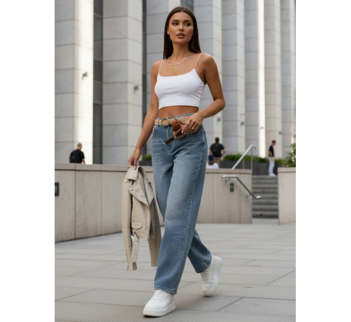 Dámské džíny balonového střihu s páskem a visačkou modré FashionStreet UY2915