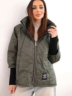 Dámská jarní prošívaná bunda s ozdobnou model 22040172 a zipem khaki - K-Fashion