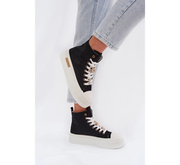 Dámské plátěné tenisky na platformě s ozdobnými připínkami – černé Gracella