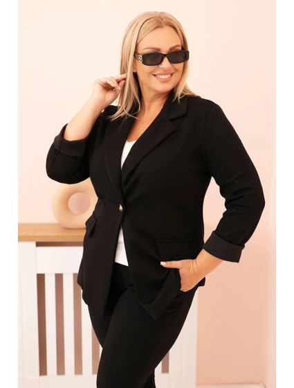 Dámská viskózová sako Plus Size s dlouhým rukávem a límcem černá Dámská viskózová sako Plus Size s dlouhým rukávem a límcem černá