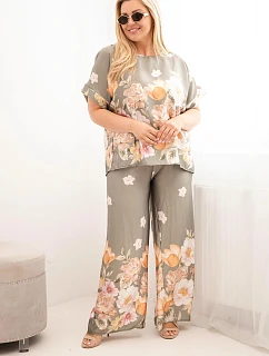 Dámský komplet Plus Size s halenkou a kalhotami s květinovým vzorem a širokými nohavicemi khaki