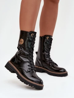 Lakované dámské workery s teplou podšívkou a zlatým detailem Dorialine – černé