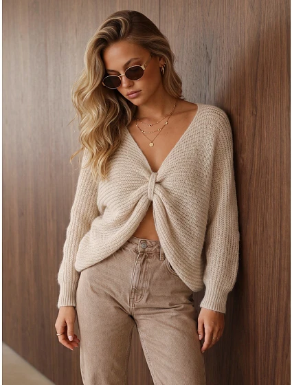 Sweter damski oversize z beżowy model 22546912 - FashionStreet Sweter damski oversize z beżowy model 22546912 - FashionStreet
