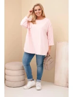 Dámská blůza Plus Size s bavlnou, kapsou a ohrnutým rukávem pudrově růžová