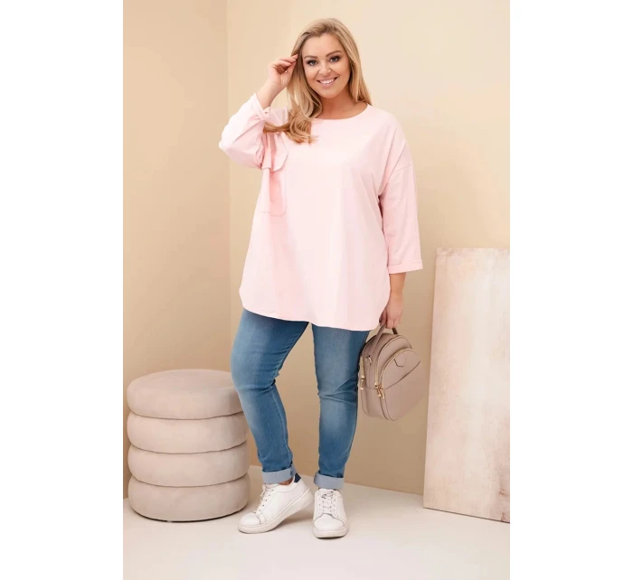 Dámská blůza Plus Size s bavlnou, kapsou a ohrnutým rukávem pudrově růžová