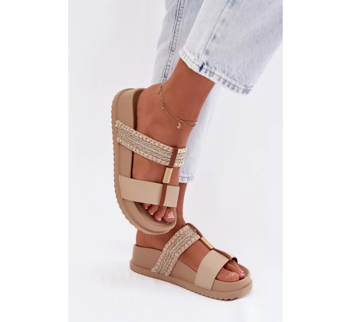 Dámské platformové pantofle se pásky a zlatým detailem Béžové Tahlia