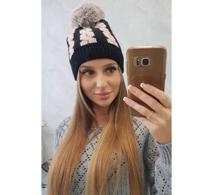 Dámská čepice s bambulí Rozalia K323 béžová+černá