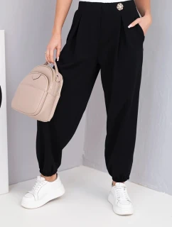 Dámské kalhoty z bavlny s vysokým pasem a ozdobným knoflíkem černé