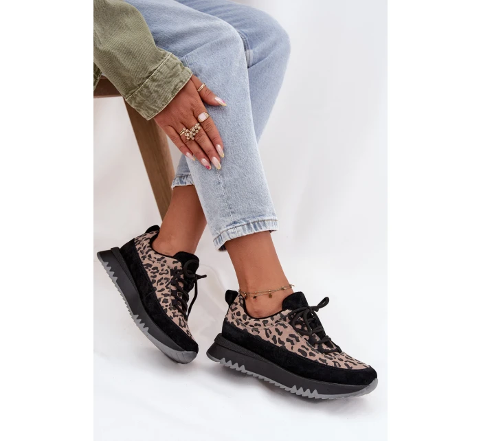 Semišové zateplené dámské tenisky na platformě model 21707621 Panterka Černé - VINCEZA