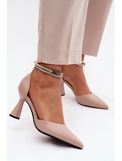 Lodičky na podpatku s lesklým páskem model 22126207 Béžové - VINCEZA