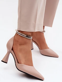 Lodičky na podpatku s lesklým páskem model 22126207 Béžové - VINCEZA