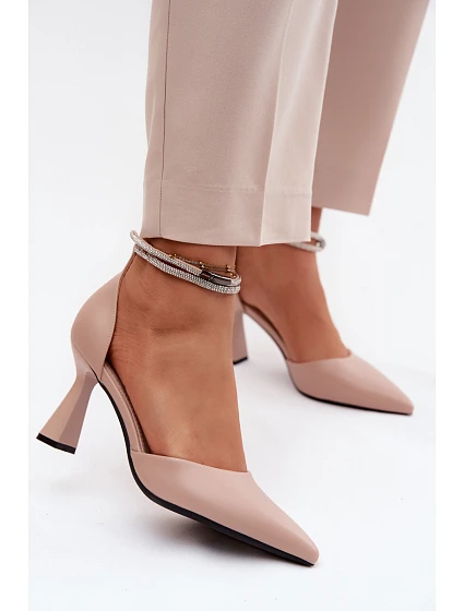 Lodičky na podpatku s lesklým páskem model 22126207 Béžové - VINCEZA