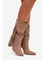 Zateplené dámské kotníkové boty na sloupkovém podpatku s třásněmi a řasením Darlina – béžové