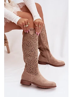 Dámské perforované kozačky na nízkém podpatku HY61-8023 Béžová - S.Barski