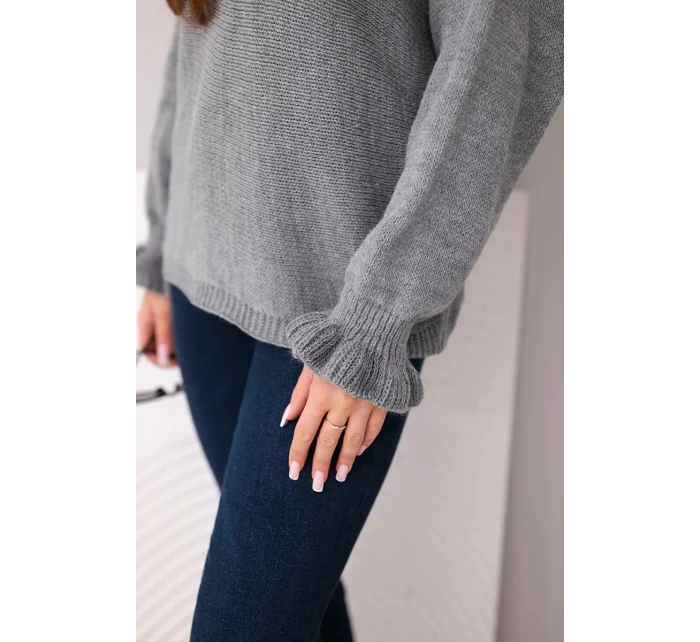 Svetr dámský z mohéru s nařasenými rukávy a výstřihem na zádech tmavě šedý