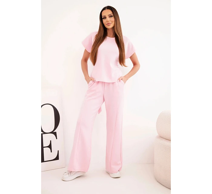 Dámský komplet z  materiálu s halenkou s krátkým rukávem a širokými nohavicemi bonbónově růžová model 22048833 - K-Fashion