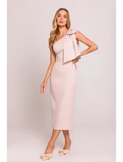 M847 Šaty na jedno rameno s mašlí - světle béžové