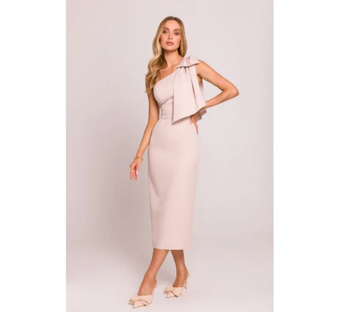 M847 Šaty na jedno rameno s mašlí - světle béžové