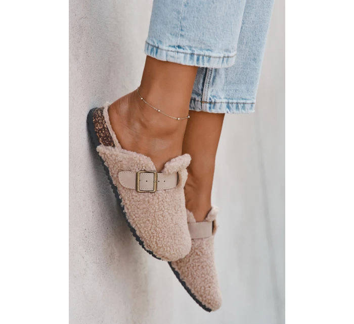 Klapki Damskie Z Futerkiem Typu Baranek Beżowe Lorivine