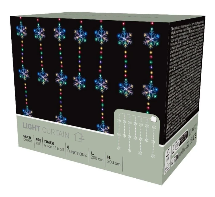 Světelný závěs na vánoční stromek 200x200 CM 408LED sněhové vločky MULTIKOLOR