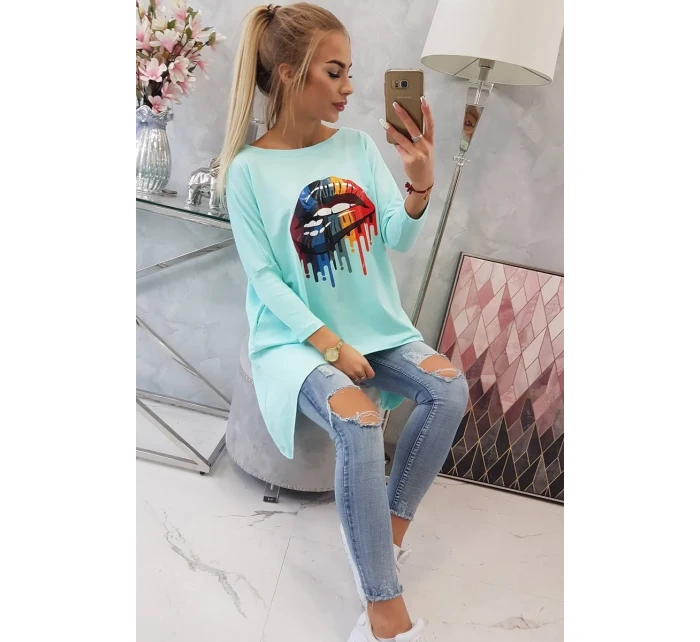Oversize halenka s duhovým potiskem rtů v barvě mint