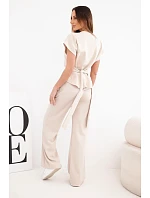 Dámský měkký komplet s halenkou s krátkým rukávem a kalhotami se širokou nohavicí béžový