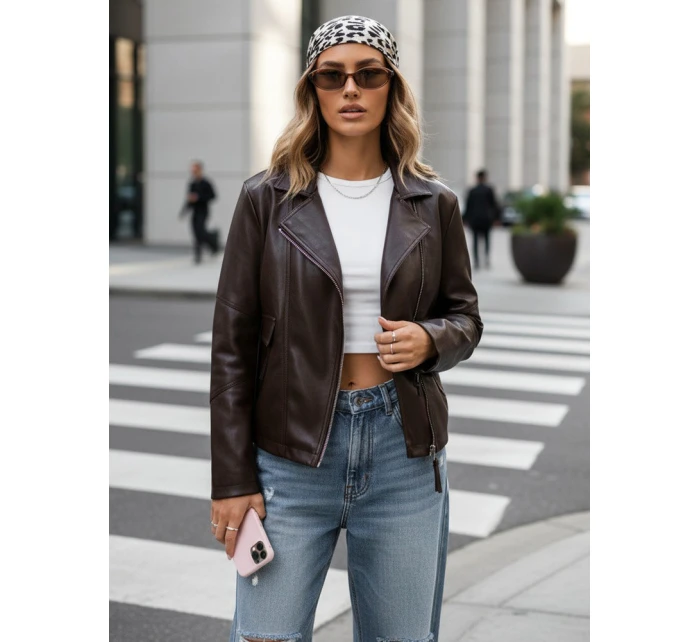 Dámská kožená krátká bunda ramon hnědá FashionStreet TY5628