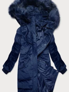 Tmavě modrá dámská manšestrová zimní bunda s kapucí (7764)