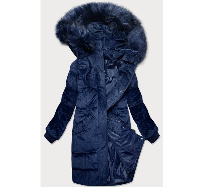 Tmavě modrá manšestrová dámská zimní bunda s kapucí (7764)