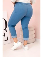 Dámské bavlněné kalhoty Plus Size s elastickým pasem a zavazováním světlý denim Dámské bavlněné kalhoty Plus Size s elastickým pasem a zavazováním světlý denim