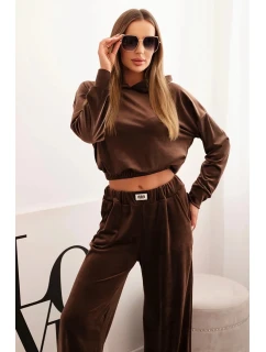 Dámský teplákový komplet z veluru se širokými nohavicemi a mikinou s kapucí hnědý