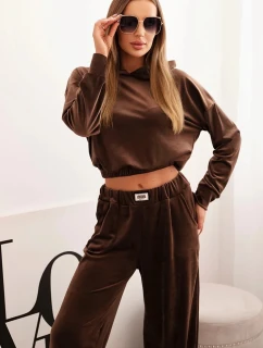 Dámský teplákový komplet z veluru se širokými nohavicemi a mikinou s kapucí hnědý