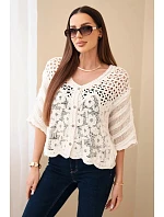 Dámský bavlněný prolamovaný svetr zapínaný na knoflíky s krátkým rukávem béžový