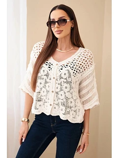 Dámský bavlněný prolamovaný svetr zapínaný na knoflíky s krátkým rukávem béžový