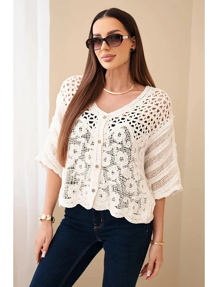 Dámský bavlněný prolamovaný svetr zapínaný na knoflíky s krátkým rukávem béžový