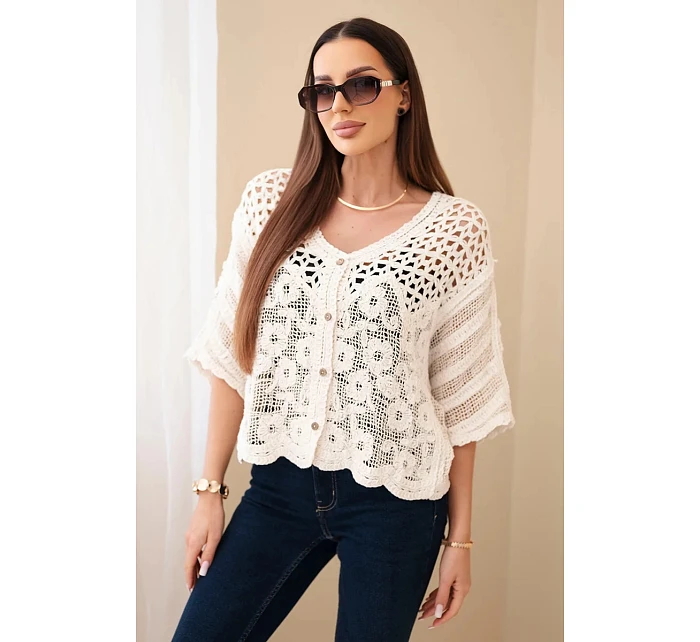 Dámský bavlněný prolamovaný svetr zapínaný na knoflíky s krátkým rukávem béžový