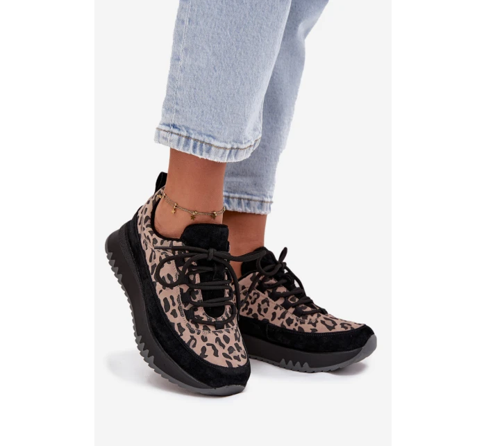 Semišové zateplené dámské tenisky na platformě model 21707621 Panterka Černé - VINCEZA