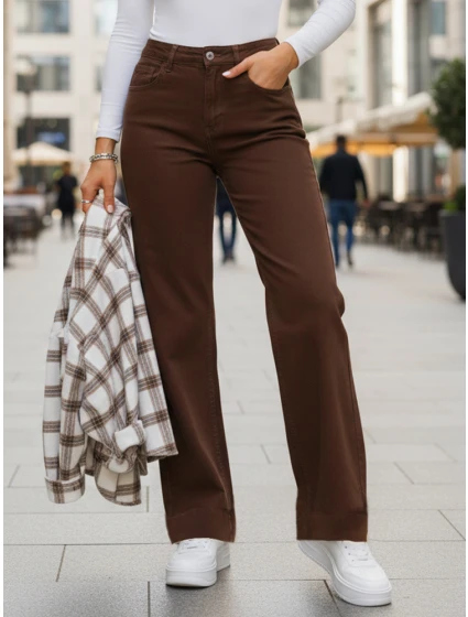 Dámské džíny s vysokým pasem a širokými nohavicemi hnědé FashionStreet UY2877 Dámské džíny s vysokým pasem a širokými nohavicemi hnědé FashionStreet UY2877