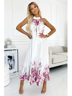 456-2 ESTER Plisované saténové maxi šaty - BÍLÉ S RŮŽOVÝMI KVĚTY