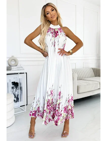 456-2 ESTER Plisované saténové maxi šaty - BÍLÉ S RŮŽOVÝMI KVĚTY