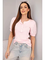 Dámská bavlněná žebrovaná halenka s rukávem a cukrově růžová model 22045183 - K-Fashion