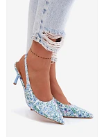 Ozdobené dámské sandály na jehlovém podpatku s květinovým vzorem modré model 22103131 - Boto