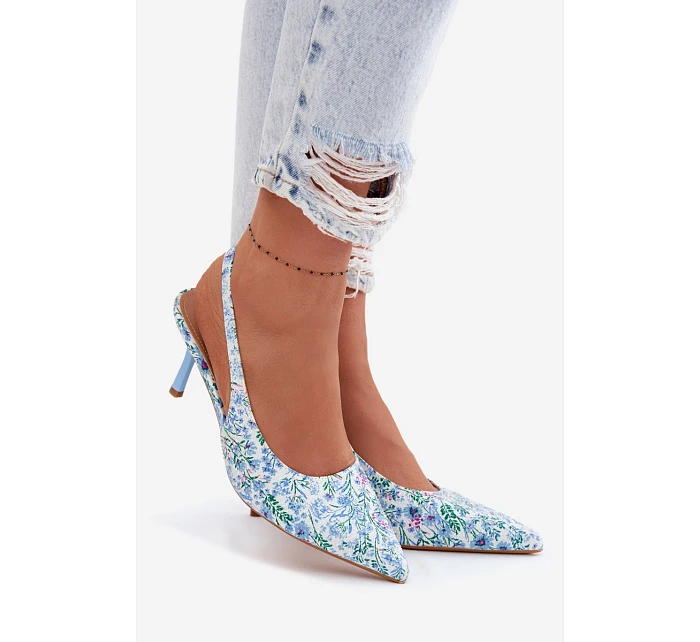 Ozdobené dámské sandály na jehlovém podpatku s květinovým vzorem modré model 22103131 - Boto