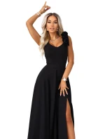 643-2 Elegantní večerní maxi šaty s rozparkem a růžemi - klasické černé 643-2 Elegantní večerní maxi šaty s rozparkem a růžemi - klasické černé
