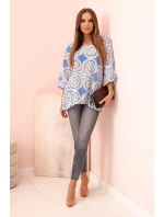 Dámská bavlněná blůza s model 21205236 vzory a ohrnutým rukávem tyrkysová - K-Fashion