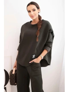 Dámský komplet teplákový z silnějšího materiálu se širokými nohavicemi khaki