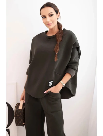 Dámský komplet teplákový z silnějšího materiálu se širokými nohavicemi khaki Dámský komplet teplákový z silnějšího materiálu se širokými nohavicemi khaki