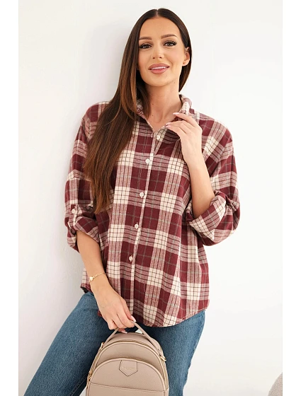 Dámská kostkovaná oversized košile s kapsami bordó Dámská kostkovaná oversized košile s kapsami bordó