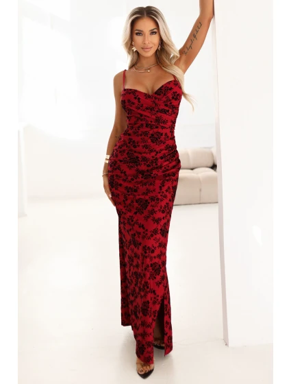 645-2 Přiléhavé maxi šaty s obálkovým výstřihem a rozparkem - vínové s elegantním vzorem