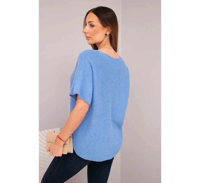 Dámská svetr s krátkým rukávem a výstřihem do V džínová